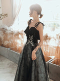 Solvbao Black Velvet and Lace Tulle Straps Long Party Dress, Black Evening Dress Prom Dresses