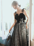 Solvbao Black Velvet and Lace Tulle Straps Long Party Dress, Black Evening Dress Prom Dresses