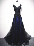 Solvbao Navy Blue and Black Tulle V-neckline Floor Length Party Dress Evening Dress, Unique Prom Dresses