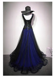 Solvbao Navy Blue and Black Tulle V-neckline Floor Length Party Dress Evening Dress, Unique Prom Dresses