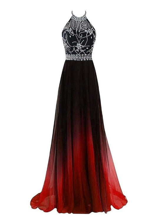 Solvbao Beautiful Long Beaded Chiffon Gradient Halter Party Dress, A-line Prom Dress