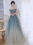 Solvbao Blue Gradient Beaded Off Shoulder Long Party Dresses, Blue Evening Dresses Prom Dresses