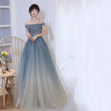 Solvbao Blue Gradient Beaded Off Shoulder Long Party Dresses, Blue Evening Dresses Prom Dresses