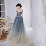 Solvbao Blue Gradient Beaded Off Shoulder Long Party Dresses, Blue Evening Dresses Prom Dresses