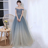 Solvbao Blue Gradient Beaded Off Shoulder Long Party Dresses, Blue Evening Dresses Prom Dresses