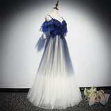 Solvbao Blue Gradient Off Shoulder Straps Tulle Floor Length Party Dress, Blue A-line Bridesmaid Dress