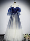 Solvbao Blue Gradient Off Shoulder Straps Tulle Floor Length Party Dress, Blue A-line Bridesmaid Dress