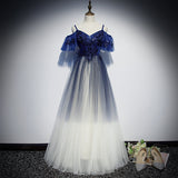 Solvbao Blue Gradient Off Shoulder Straps Tulle Floor Length Party Dress, Blue A-line Bridesmaid Dress