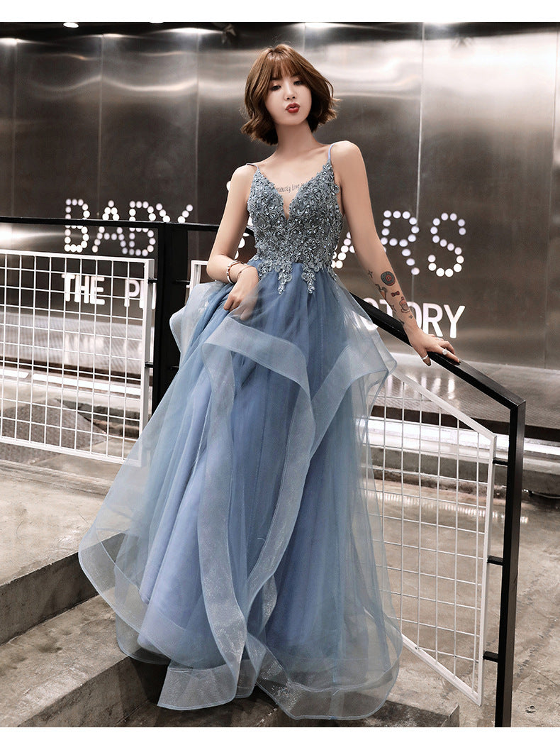 Solvbao Blue Lace Applique V-neckline Straps Tulle Long Evening Dress, A-line Blue Party Dress Prom Dress