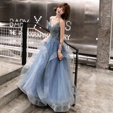 Solvbao Blue Lace Applique V-neckline Straps Tulle Long Evening Dress, A-line Blue Party Dress Prom Dress