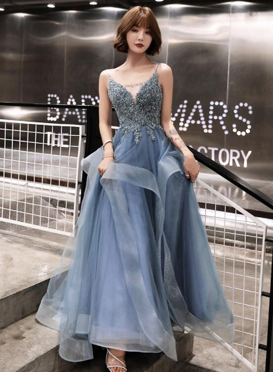 Solvbao Blue Lace Applique V-neckline Straps Tulle Long Evening Dress, A-line Blue Party Dress Prom Dress