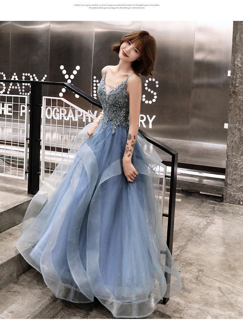 Solvbao Blue Lace Applique V-neckline Straps Tulle Long Evening Dress, A-line Blue Party Dress Prom Dress