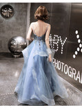 Solvbao Blue Lace Applique V-neckline Straps Tulle Long Evening Dress, A-line Blue Party Dress Prom Dress