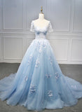 Solvbao Blue Short Sleeves Lace Applique Organza Tulle Party Dress, Round Neckline Blue Sweet 16 Gown Formal Dress