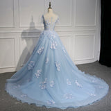 Solvbao Blue Short Sleeves Lace Applique Organza Tulle Party Dress, Round Neckline Blue Sweet 16 Gown Formal Dress