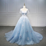 Solvbao Blue Short Sleeves Lace Applique Organza Tulle Party Dress, Round Neckline Blue Sweet 16 Gown Formal Dress