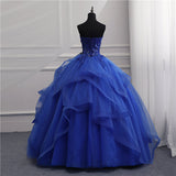 Solvbao Blue Tulle Ball Gown Lace Beaded Long Quinceanera Dresses, Blue Sweet 16 Dress Wedding Party Dress