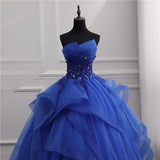 Solvbao Blue Tulle Ball Gown Lace Beaded Long Quinceanera Dresses, Blue Sweet 16 Dress Wedding Party Dress