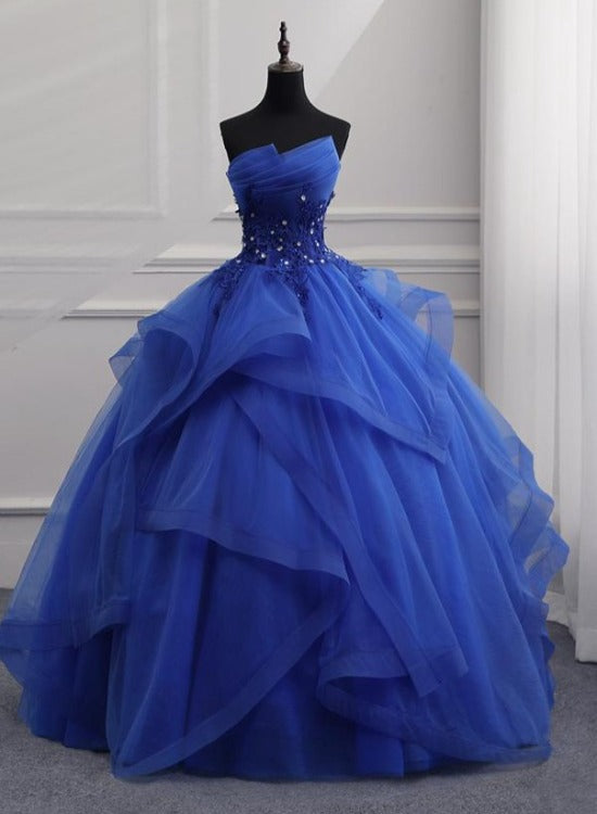 Solvbao Blue Tulle Ball Gown Lace Beaded Long Quinceanera Dresses, Blue Sweet 16 Dress Wedding Party Dress