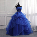 Solvbao Blue Tulle Ball Gown Lace Beaded Long Quinceanera Dresses, Blue Sweet 16 Dress Wedding Party Dress