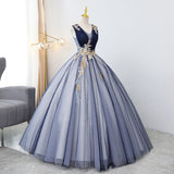 Solvbao Blue Tulle Ball Gown V-neckline Sweet 16 Dresses, Blue Floor Length Formal Dresses Evening Gown