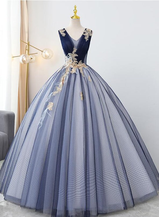 Solvbao Blue Tulle Ball Gown V-neckline Sweet 16 Dresses, Blue Floor Length Formal Dresses Evening Gown