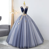 Solvbao Blue Tulle Ball Gown V-neckline Sweet 16 Dresses, Blue Floor Length Formal Dresses Evening Gown