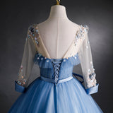 Solvbao Blue Tulle Long Sleeves Formal Dress with Flower Lace Applique, Blue Sweet 16 Gown