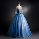 Solvbao Blue Tulle Long Sleeves Formal Dress with Flower Lace Applique, Blue Sweet 16 Gown