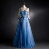 Solvbao Blue Tulle Long Sleeves Formal Dress with Flower Lace Applique, Blue Sweet 16 Gown