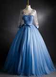 Solvbao Blue Tulle Long Sleeves Formal Dress with Flower Lace Applique, Blue Sweet 16 Gown