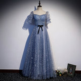 Solvbao Beautiful Blue Tulle Short Sleeves A-line New Style Prom Dress Party Dress, Blue Formal Dress