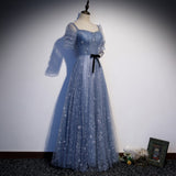 Solvbao Beautiful Blue Tulle Short Sleeves A-line New Style Prom Dress Party Dress, Blue Formal Dress