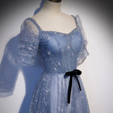 Solvbao Beautiful Blue Tulle Short Sleeves A-line New Style Prom Dress Party Dress, Blue Formal Dress