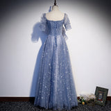 Solvbao Beautiful Blue Tulle Short Sleeves A-line New Style Prom Dress Party Dress, Blue Formal Dress