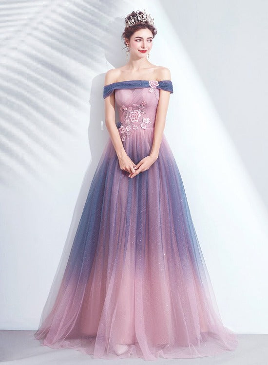 Solvbao Blue and Pink Tulle Shiny Gradient Off Shoulder Party Dress, A-line Long Formal Evening Dress