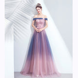 Solvbao Blue and Pink Tulle Shiny Gradient Off Shoulder Party Dress, A-line Long Formal Evening Dress