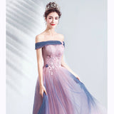 Solvbao Blue and Pink Tulle Shiny Gradient Off Shoulder Party Dress, A-line Long Formal Evening Dress