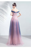 Solvbao Blue and Pink Tulle Shiny Gradient Off Shoulder Party Dress, A-line Long Formal Evening Dress