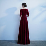 Solvbao Burgundy V-neckline Beaded Velvet Floor Length Party Dress, A-line Prom Dresses Bridesmaid Dresses