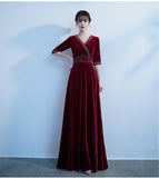 Solvbao Burgundy V-neckline Beaded Velvet Floor Length Party Dress, A-line Prom Dresses Bridesmaid Dresses