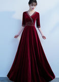 Solvbao Burgundy V-neckline Beaded Velvet Floor Length Party Dress, A-line Prom Dresses Bridesmaid Dresses