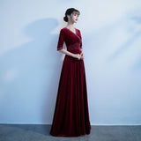 Solvbao Burgundy V-neckline Beaded Velvet Floor Length Party Dress, A-line Prom Dresses Bridesmaid Dresses