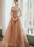 solvbao Champagne Cap Sleeves Tulle Long Party Dress, New Style Long Prom Dress Party Dress