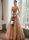 solvbao Champagne Cap Sleeves Tulle Long Party Dress, New Style Long Prom Dress Party Dress