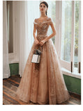 solvbao Champagne Cap Sleeves Tulle Long Party Dress, New Style Long Prom Dress Party Dress