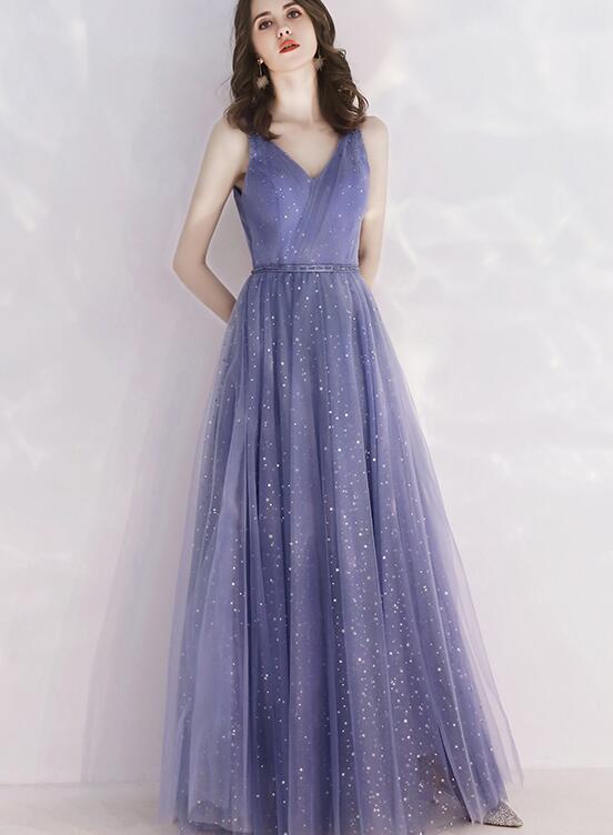 Solvbao Charming Tulle Purple V-neckline Long Formal Dress, Shiny Tulle Low Back Wedding Party Dress