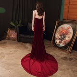 Solvbao Charming V-neckline Mermaid Velvet Evening Gown Wedding Party Dress, Dark Red Long Prom Dress