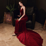 Solvbao Charming V-neckline Mermaid Velvet Evening Gown Wedding Party Dress, Dark Red Long Prom Dress