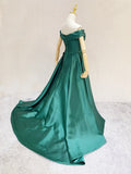 Solvbao Dark Green A-line Sweetheart Off Shoulder Satin Junior Prom Dress, Green Wedding Party Dress